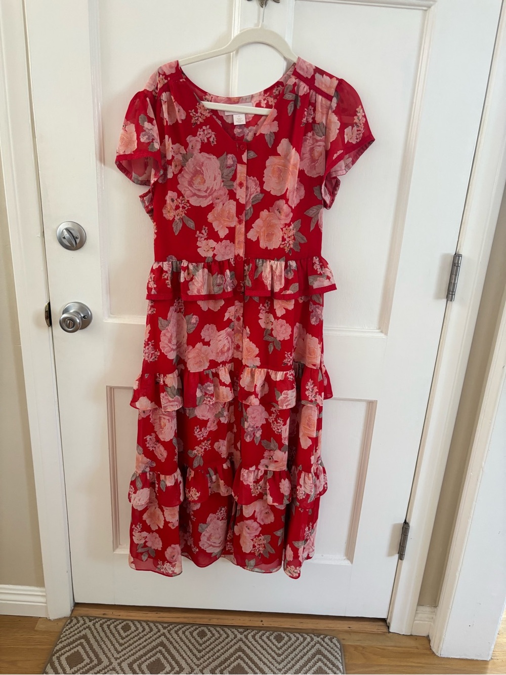 Rachel Parcell Red Floral Tiered Midi Dress with Pink Blooms